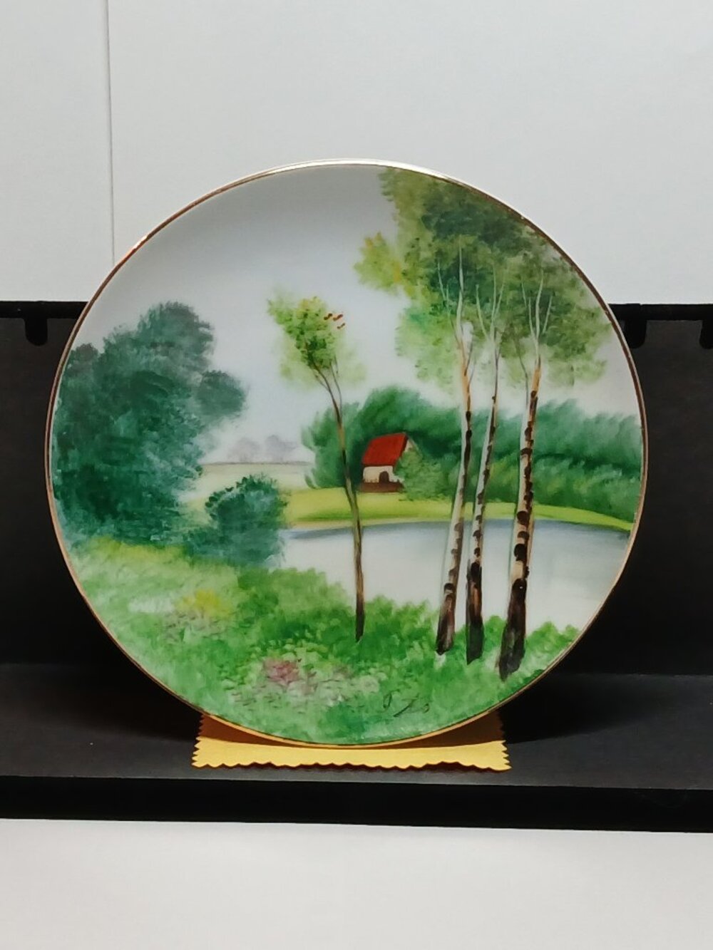 Vintage Antique By the Lake Scene Landscape Wall Plate Occupied Japan Gold China